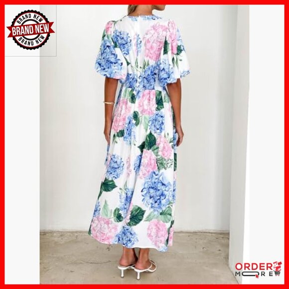 Floral Maxi Dress Wedding Guest Summer V-Neck Short Sleeve A-Line - Picture 5 of 7